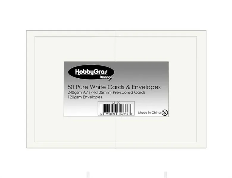HobbyGros - Cards & Envelopes -  7,4x10,5cm (A7) - Pure White - 50pk